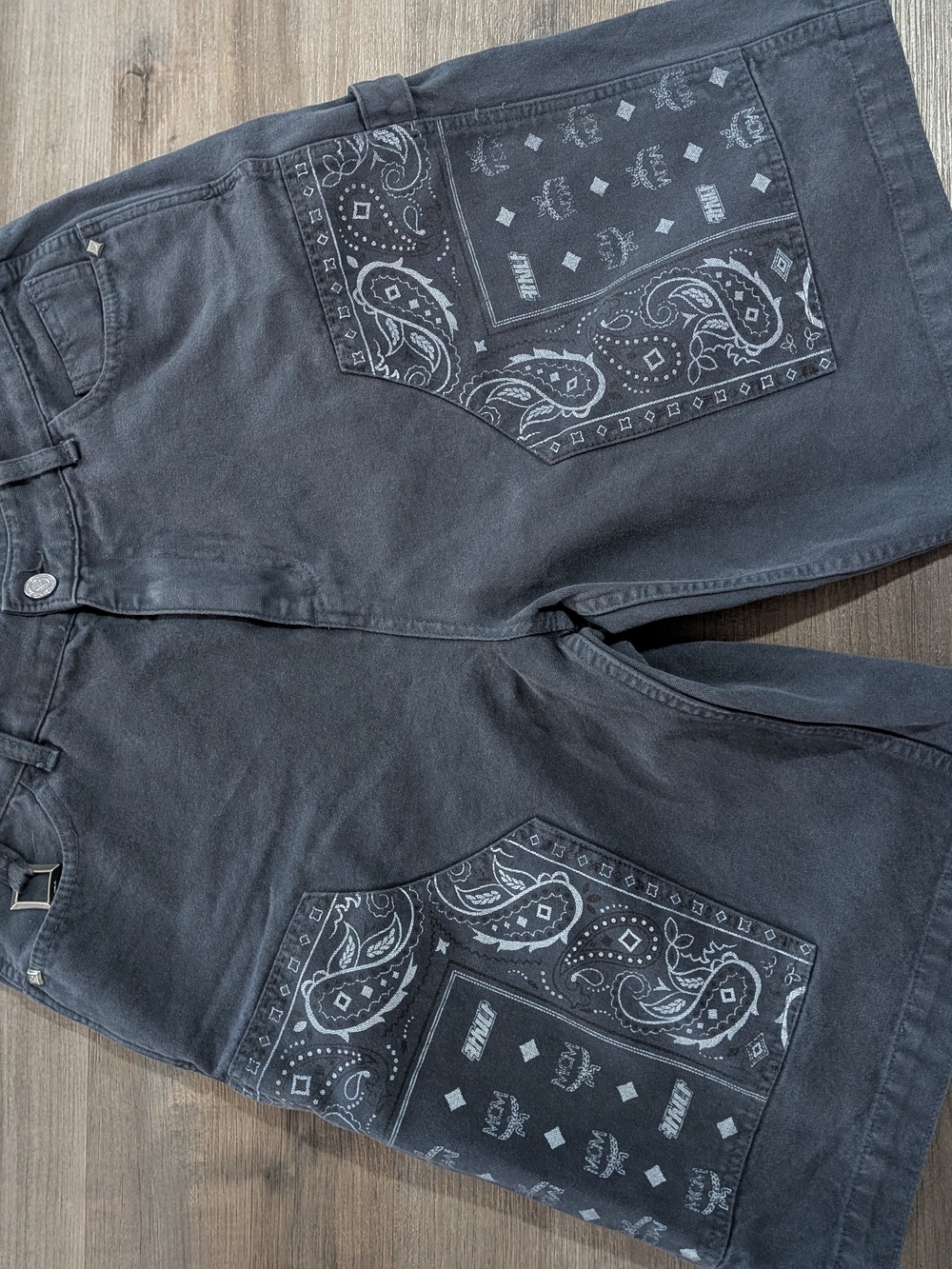 Men's MCM Navy Cargo Jean Shorts with Bandana Print Pockets